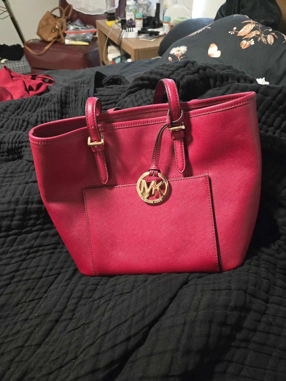 Michael Kors Red Saffiano Leather Tote with Gold MK Charm